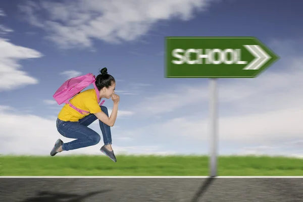 Side View Female Student Carrying Backpack While Running School Fast — Stock Photo, Image