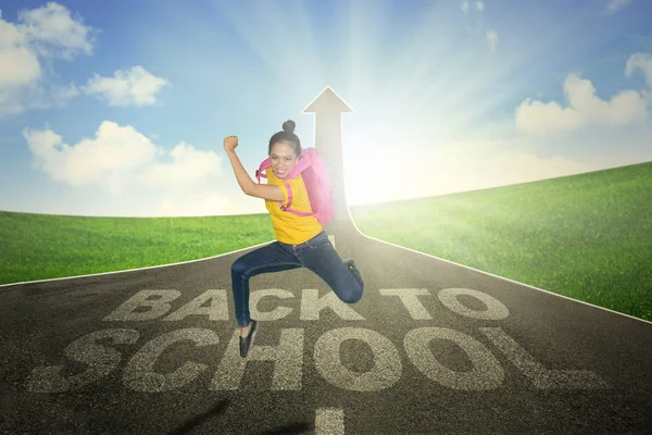 Picture Female Student Running Fast Text Back School Road Upward — Stock Photo, Image