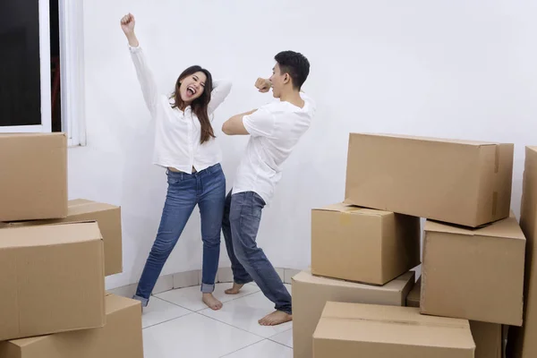 Portrait Happy Asian Couple Celebrating Moving New House While Standing — Stock Photo, Image