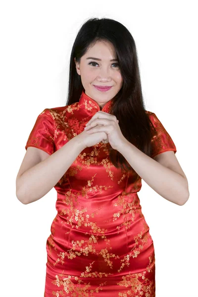 Jolie Fille Souriant Caméra Tout Félicitant Nouvel Chinois Studio Isolé — Photo