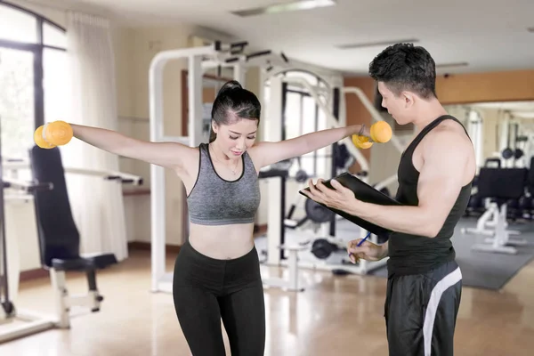 Image Beautiful Woman Lifting Dumbbells Help Her Personal Trainer Fitness — Stock Photo, Image