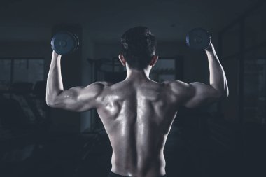 Arkadan Görünüş bilinmeyen bir adamın onun pazı spor merkezinde egzersiz yaparken iki halter kaldırma