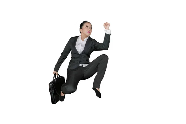 Low Angle View Female Manager Carrying Suitcase While Sprinting Studio — Stock Photo, Image