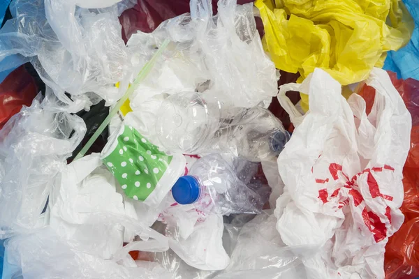 Environmental Pollution Concept Close Many Waste Plastics Trash Bin — Stock Photo, Image