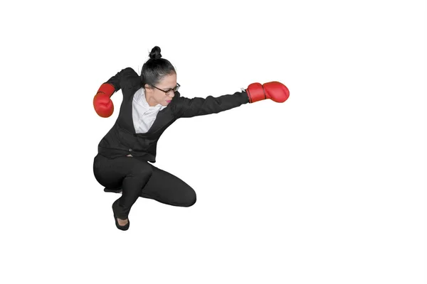 Photo Une Entrepreneure Portant Des Gants Boxe Lors Saut Studio — Photo