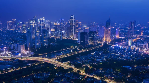 Jakarta Indonezji Grudnia 2018 Widok Lotu Ptaka Dżakarty Świecące Budynków — Zdjęcie stockowe
