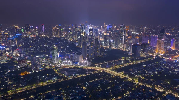 Jakarta Indonesia December 2018 Luchtfoto Van Wolkenkrabbers Weergave Met Nachtverlichting — Stockfoto