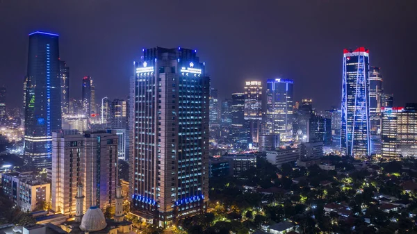 Джакарта Індонезія Грудня 2018 Пташиного Польоту Хмарочосів Glowing Світло Вночі — стокове фото