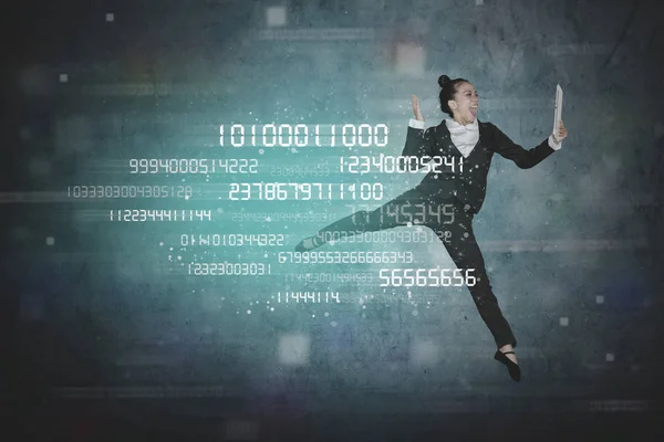 Picture Female Entrepreneur Using Digital Tablet While Jumping Binary Code — Stock Photo, Image