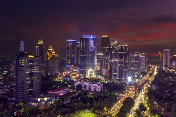 Jakarta Indonesia Januari 2019 Mooie Luchtfoto Van Gloeiende Wolkenkrabbers Met — Stockfoto