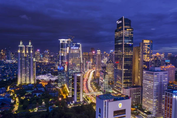 Jakarta Indonesia Januari 2019 Luchtfoto Van Gloeiende Wolkenkrabbers Met Hectische — Stockfoto