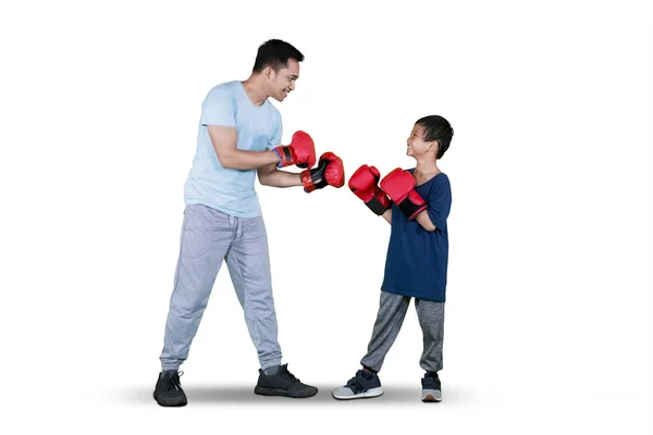Portrait Little Boy Doing Boxing Exercise His Father Studio Isolated — 图库照片