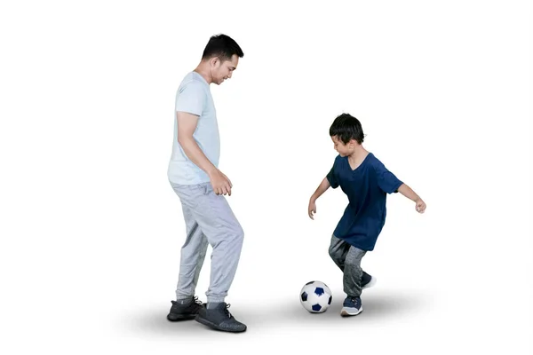 Image Little Boy Playing Football His Father Studio Isolated White — Stock Photo, Image