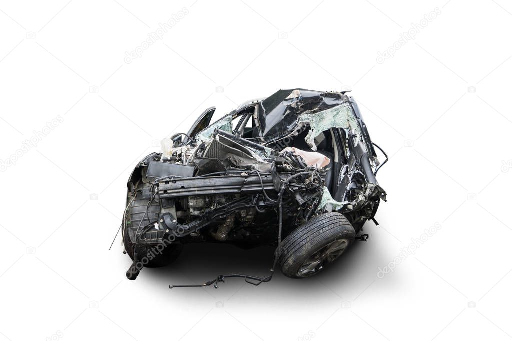 Close up of crush black car after collision in the studio, isolated on white background