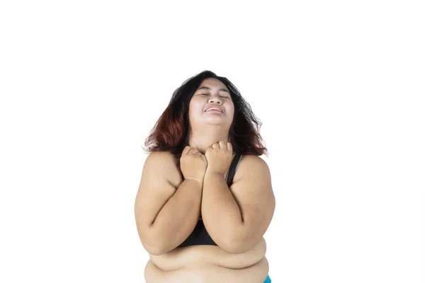 Image Fat Asian Woman Looks Sad While Wearing Sportswear Studio — Stock Photo, Image