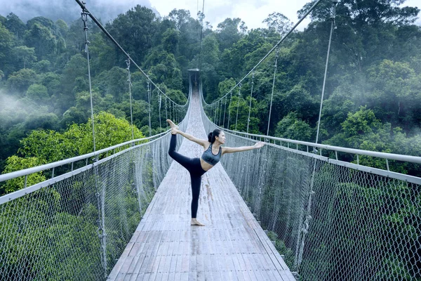 Ung Kvinna Som Bär Sportkläder Medan Tränar Yoga Situ Gunung — Stockfoto