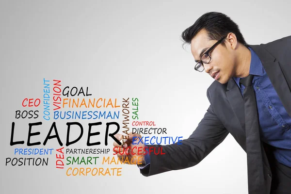 Image Asian Businessman Writing Word Leader Transparent Screen — Stock Photo, Image
