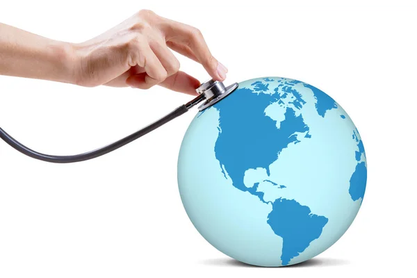 Close Doctor Hand Examining World Globe Using Stethoscope Isolated White — Stock Photo, Image