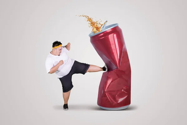 Picture Angry Fat Man Kicking Can Soda Drink While Wearing — Stock Photo, Image