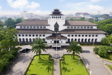 Bandung - Indonesia. February 18, 2019: Aerial view of ancient Gedung Sate architecture in Bandung, West Java, Indonesia clipart
