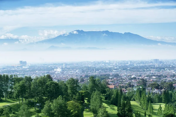 Aerial View Green Pine Trees Golf Course Misty Bandung Cityscape — Stock Photo, Image