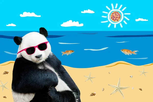 Bonito Panda usa óculos de sol na praia — Fotografia de Stock
