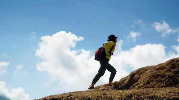 Caminhante feminina sobe uma colina e carrega uma mochila — Fotografia de Stock