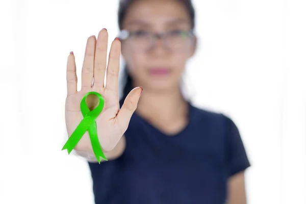 Volunteer shows gesture to stop Lymphoma cancer — Stock Photo, Image