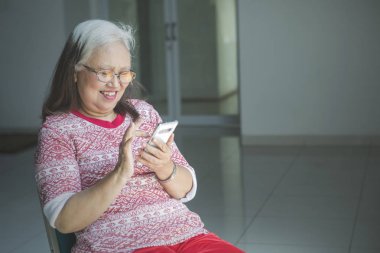 Tekerlekli sandalyede telefon kullanan mutlu yaşlı kadın