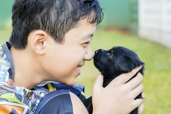 Preteen αγόρι φιλιά κουτάβι του στο πάρκο — Φωτογραφία Αρχείου