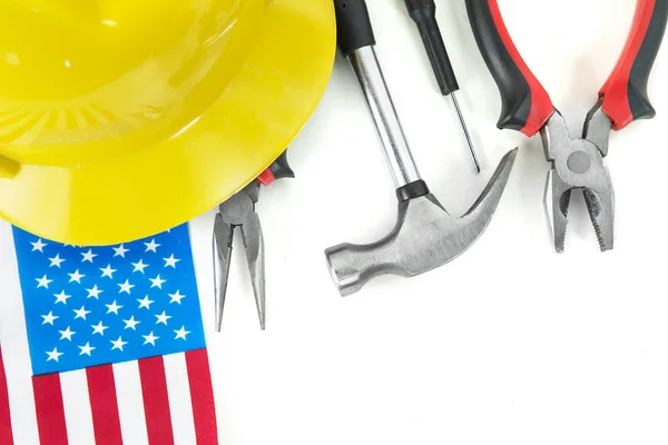 American flag with construction equipment — Stock Photo, Image