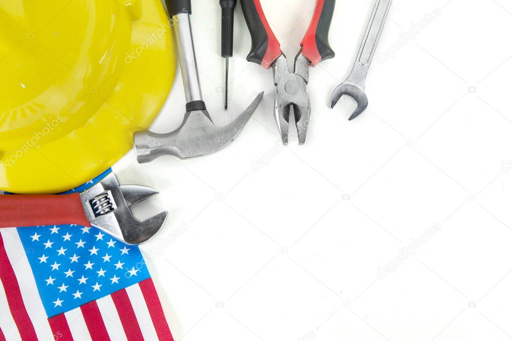 Construction tools and American flag with copy space