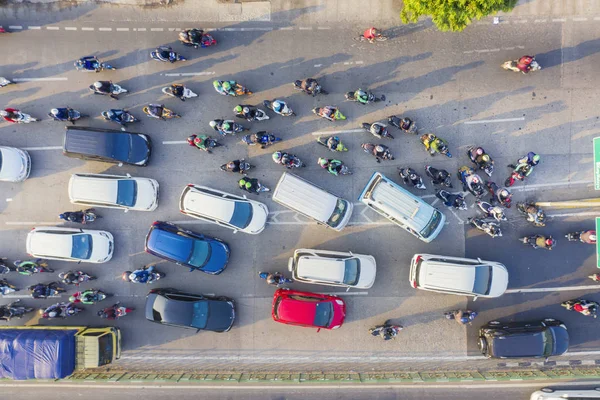 Top down view of cars and motorcycle at rush hour — Stock Photo, Image