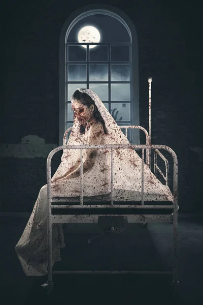 Spooky bride ghost crawling with burning wall — Stock Photo, Image