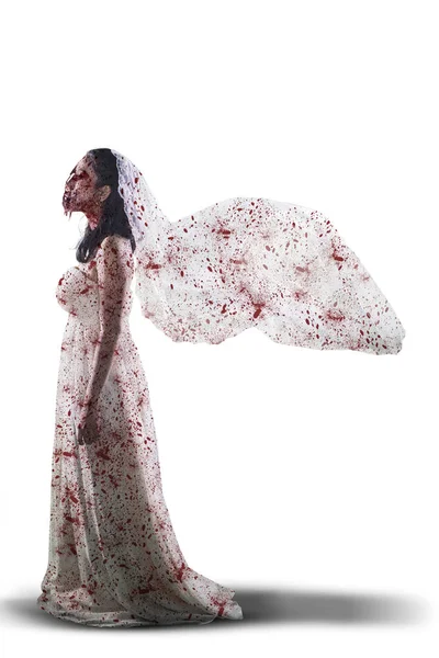 Kísérteties menyasszony szellem csúszó az égő fal — Stock Fotó