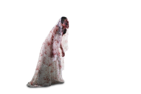 Зомби женщина в кровавом свадебном платье на студии
