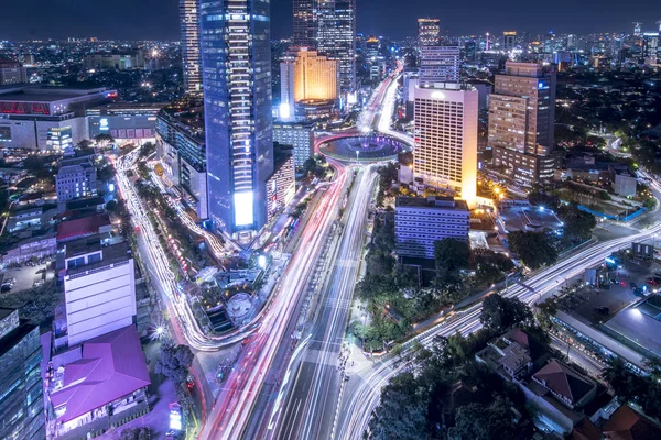 Jakarta Indonézia Szeptember 2019 Légi Festői Fény Pályák Járművek Éjszakai — Stock Fotó