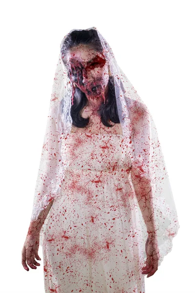 Horrible zombie wearing bride gown in the studio — Stock Photo, Image