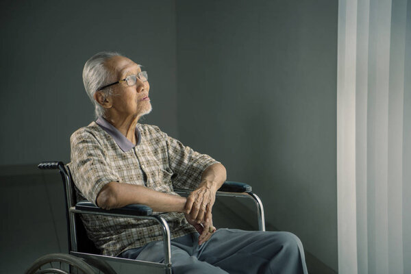 Smiling old man sits in the wheelchair 