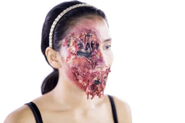 Young woman with wounds makeup on her face — Stock Photo, Image