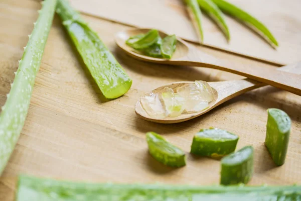 Zwei Esslöffel mit Gelen und Scheiben Aloe Vera — Stockfoto