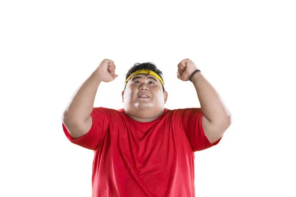 Obese man celebrates his success to lose weight — Stock Photo, Image