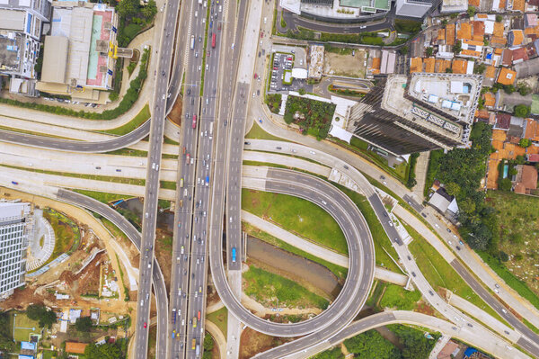 JAKARTA - Indonesia. October 14, 2019: Top down view of Jakarta Outer Ring Road Toll with Depok Antasari toll road interchange in Jakarta