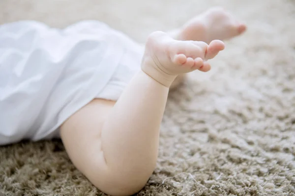 Ноги новорожденного на пушистом ковре — стоковое фото