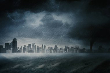 Bulutlu gökyüzü ve gökdelen manzaralı sağanak yağmurweather forecast