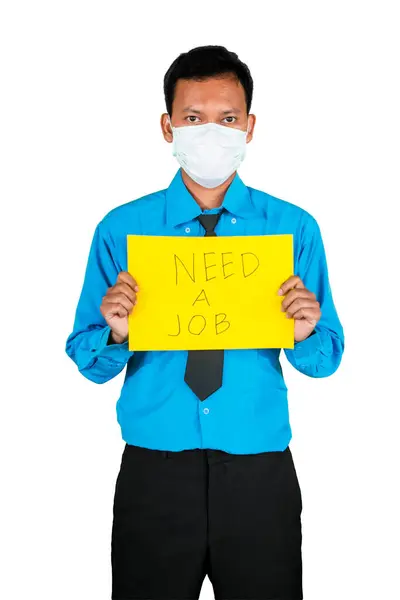 Man Arbetare Bär Medicinsk Mask Och Håller Texten Need Job — Stockfoto