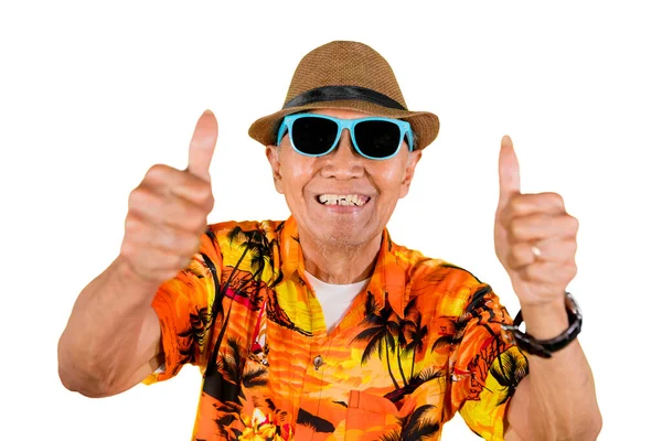 Feliz Anciano Mostrando Los Pulgares Hacia Arriba Cámara Mientras Usa — Foto de Stock