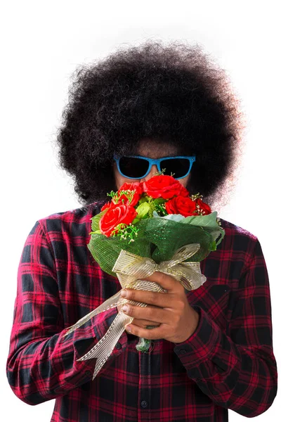 곱슬머리의 아프리카 꽃다발 냄새를 화실에서 배경에 고립되어 — 스톡 사진