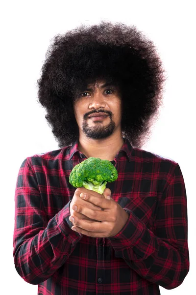 Young Man Holding Bouquet Broccoli While Standing Studio Green Screen — Stock Photo, Image