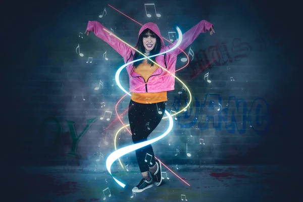 Young Female Hip Hop Dancer Performing Graffiti Wall Background Neon — Stock Photo, Image